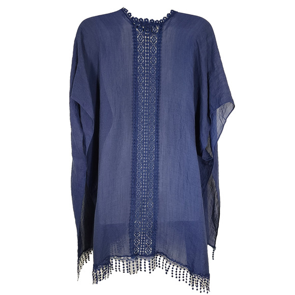 Steve Madden Cover Up Sheer Lace Inset Blue Kimono One Size Fringe Beach Swim - Picture 2 of 12